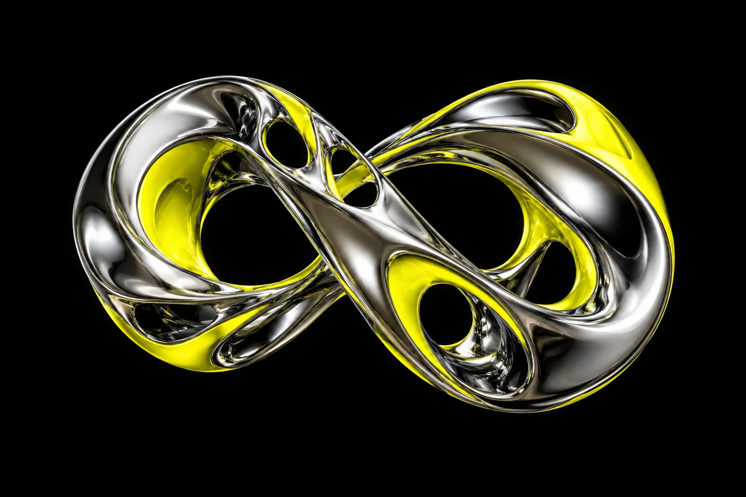 Abstract chrome and electric-yellow loop twisting into an endless circuit